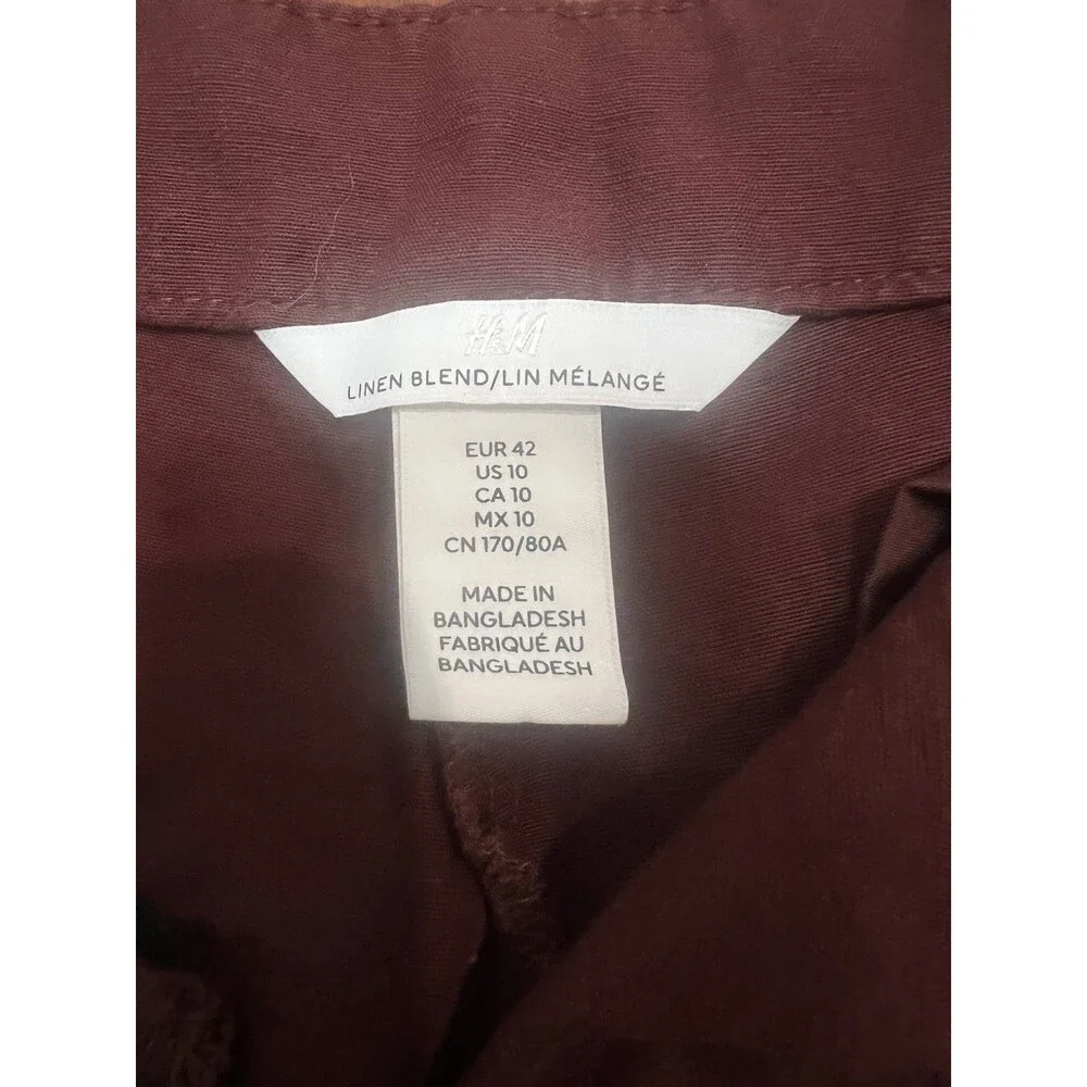 H&M Womens Linen Blend Wide Leg Burgundy Pants Pockets Size 10 Minimalist Chic